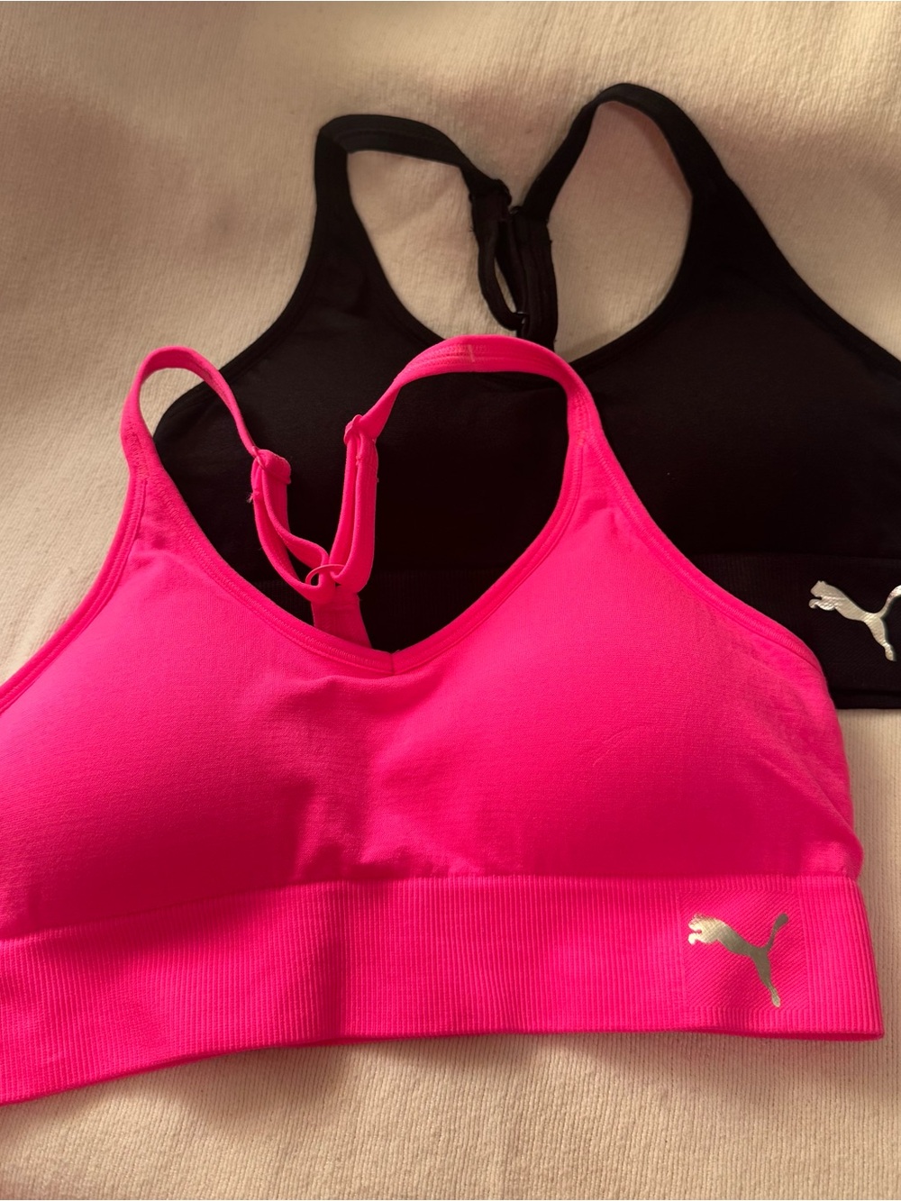 Puma Women's Neon Pink and Black Racerback Sports Bras